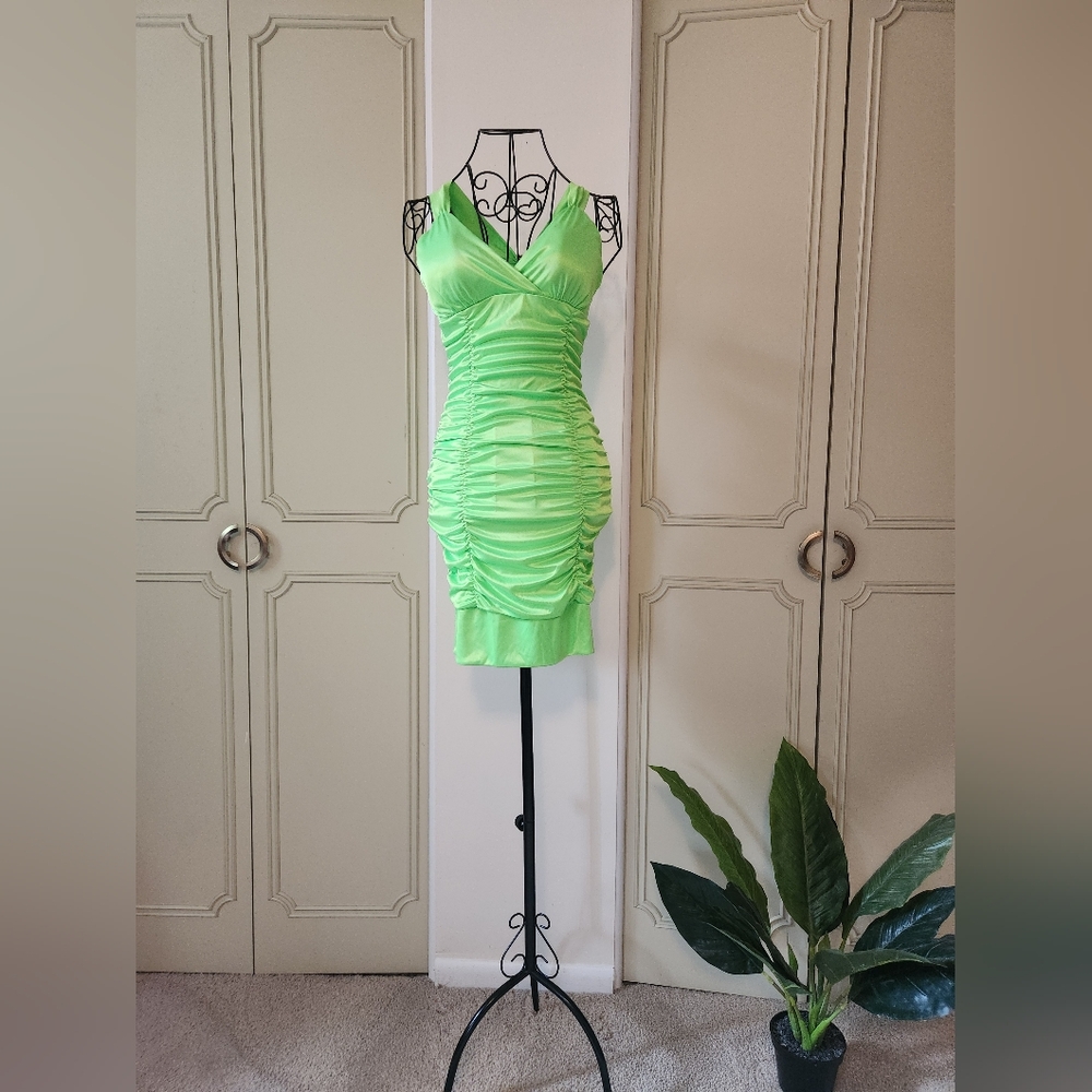Y2K Vintage DEB Size Small Lime Green Ruched Dress